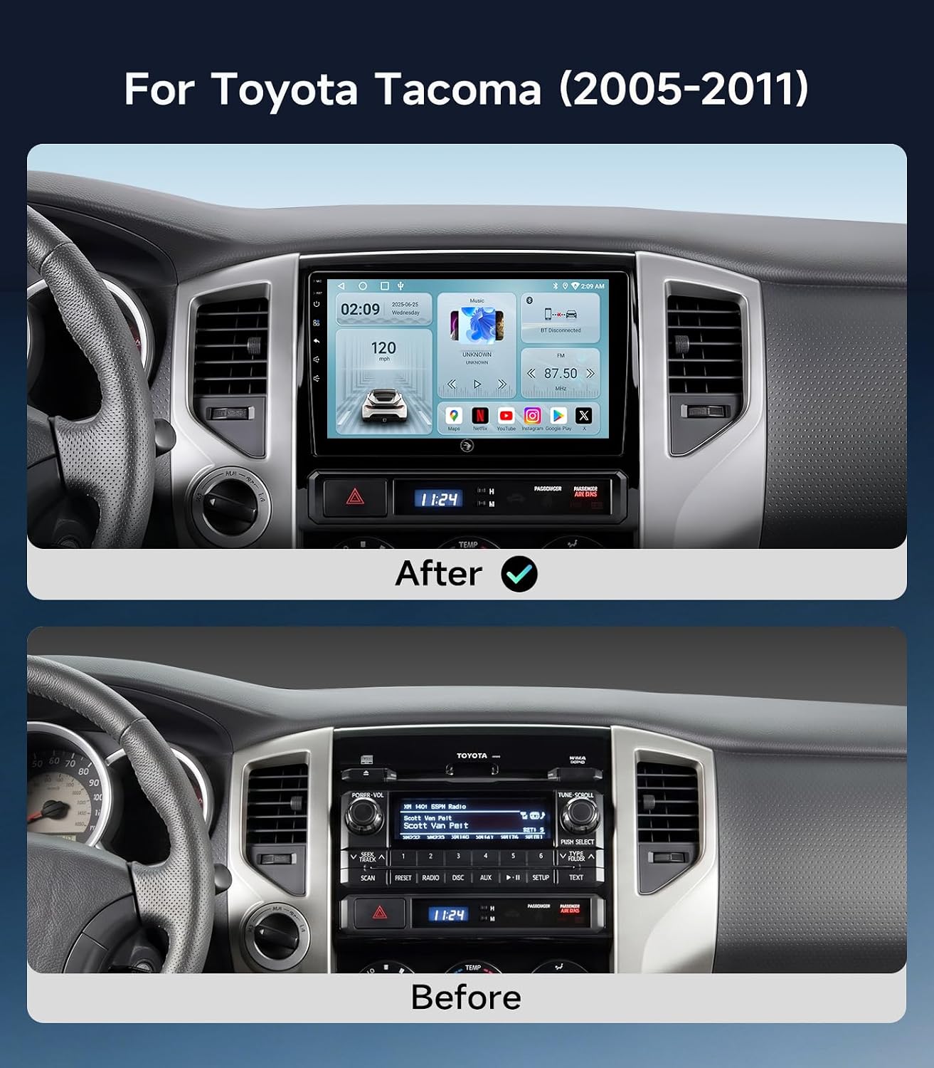 Car Radio Stereo for Toyota Tacoma 2005-2011, Wireless CarPlay Android Auto | 9-inch IPS HD touchscreen, 32G storage, 5G WiFi GPS, Bluetooth FM AM SWC, plug-and-play, AHD 1080P backup camera
