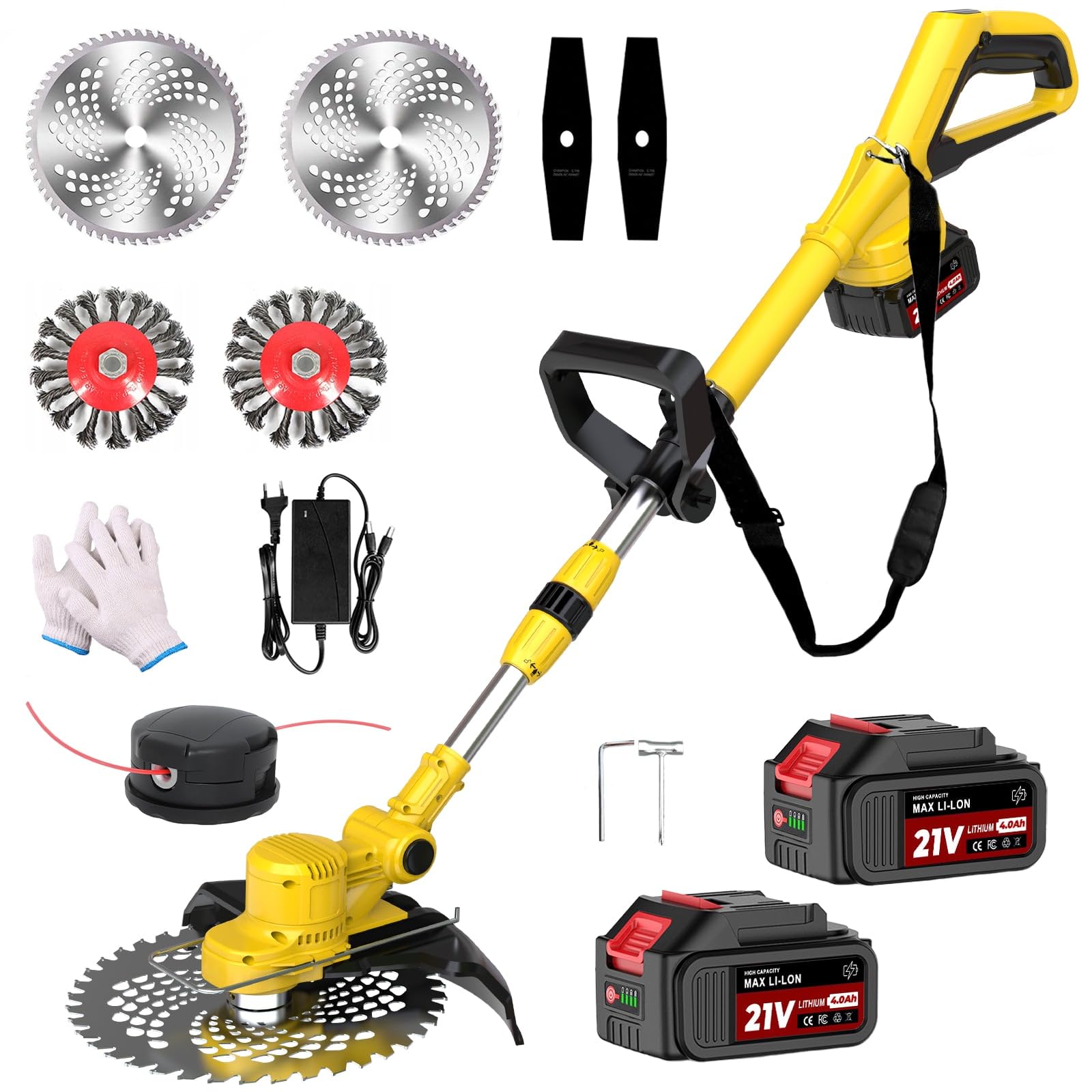 Hengriacly 21V Rasentrimmer mit Akku, Freischneider Akku, Motorsense Akku, 750W Bürstenloser Motor, Rasentrimmer mit Unkrautbürste