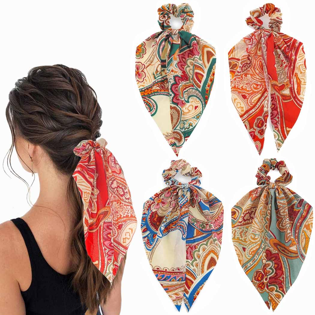 Boho Hair Scarf Scrunchies for Women Bow Hair Ties Floral Hair Scrunchies Silk Elastic Ponytail Holder Hair Accessories for Girls 4 pcs (Boho)