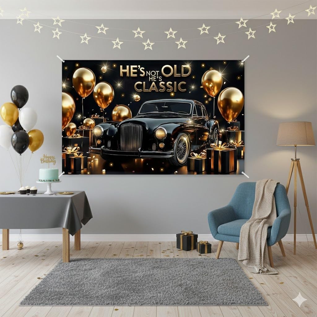 Classic Car Birthday Banner 70.8x43.3in, Vintage Theme with Gold Balloons & Gift Boxes, “He’s Not Old He’s Classic” Party Decor for Men image 2