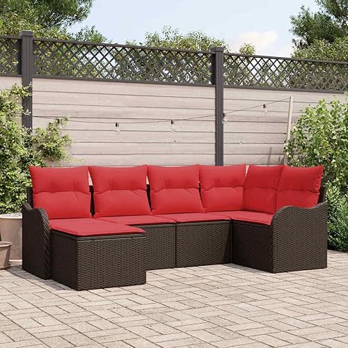 Garden Sofa Set with Cushions, 6-Piece Brown Poly Rattan Patio Furniture, Modular Outdoor Seating for Porch, Balcony