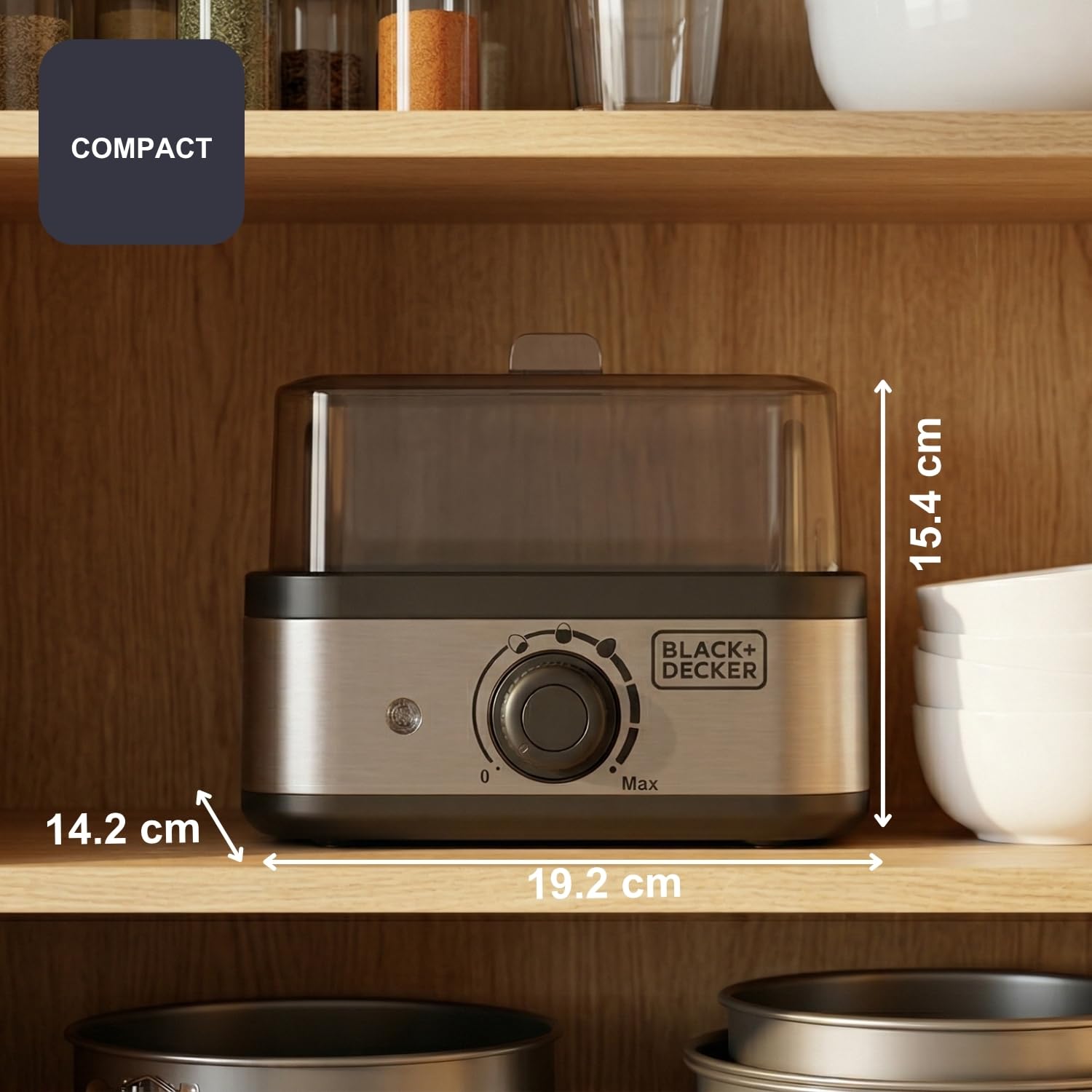 Black+Decker - Cuociuova elettrico 400W | 6 uova | 3 livelli cottura (morbido/medio/duro) | Spegnimento automatico | Segnale acustico | Parti lavabili in lavastoviglie