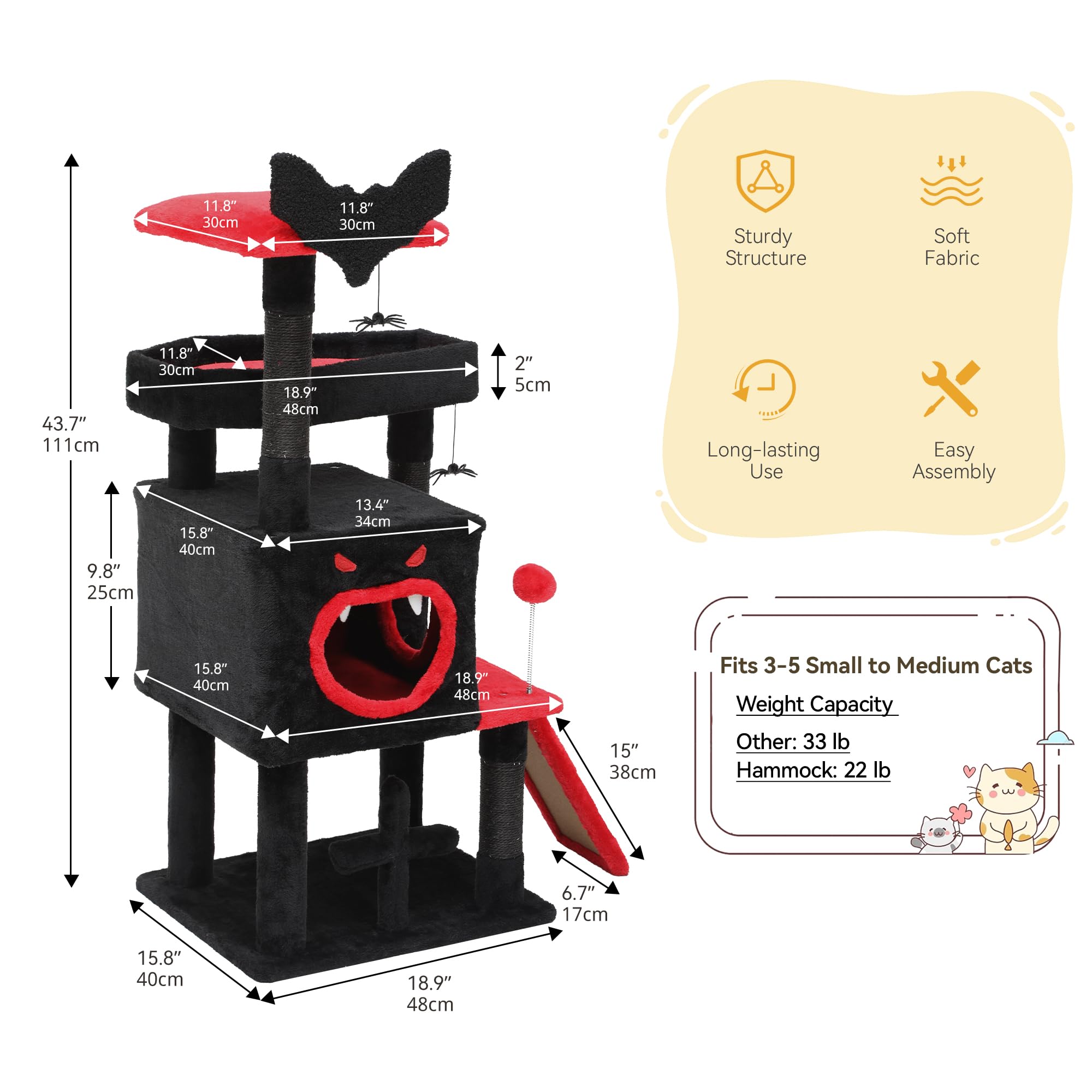 DWVO Árbol de Gato gótico de 111 cm para Interior con Cama de ataúd, espaciosa casa para Gatos, Bola de araña Colgante y rascador, Color Negro