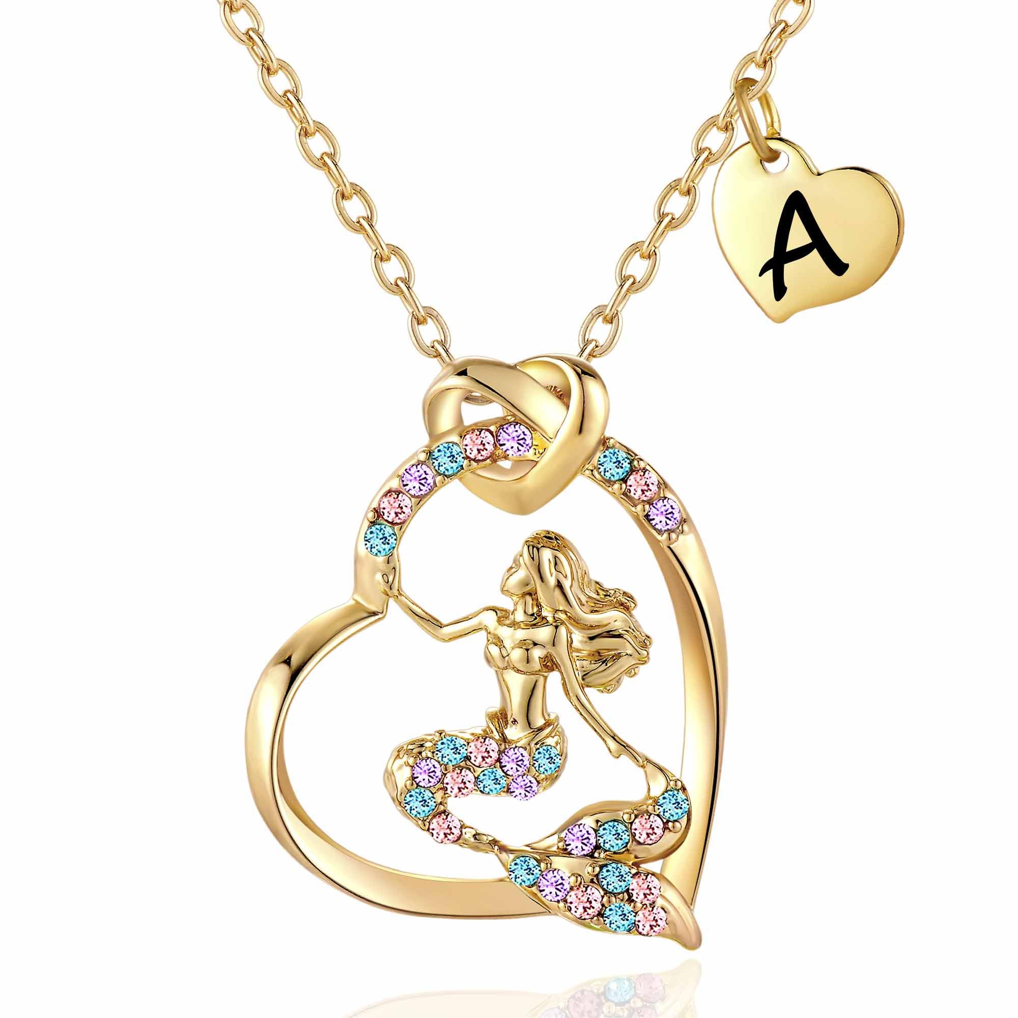 K-Acc 14K Gold-Plated Mermaid Initial Heart Necklace - Gifts for Girls Letter A Yellow Gold