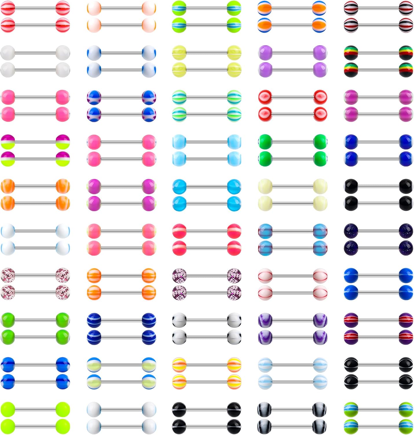 CrazyPiercing 100Pcs 14G Acrylic Tongue Rings, Multi Color Assortment Flexible Tongue Rings Barbells Mix Piercing