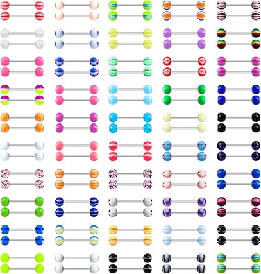 CrazyPiercing 100Pcs 14G Acrylic Tongue Rings, Multi Color Assortment Flexible Tongue Rings Barbells Mix Piercing
