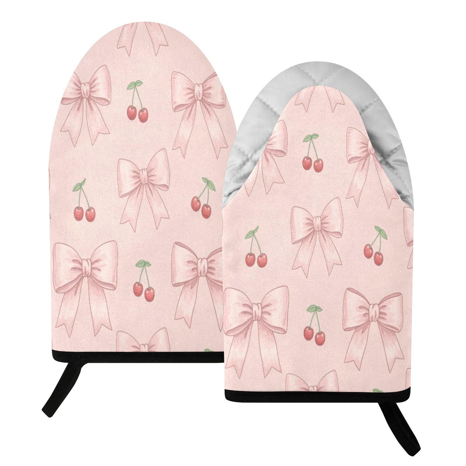 BURSTDDY Bows Cherries Oven Mitt,Heat Resistant Kitchen Mitts for Cooking