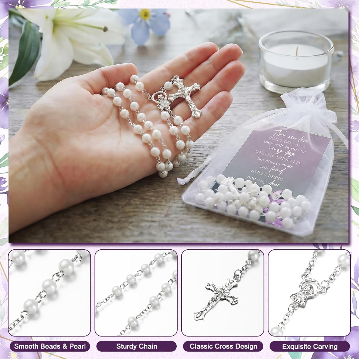 Sureio 25 Sets Funeral Favors for Guests Celebration of Life Favors Rosary Necklace Prayer Cards for Organza Bags Sympathy Thank You Cards for Memorial Supplies