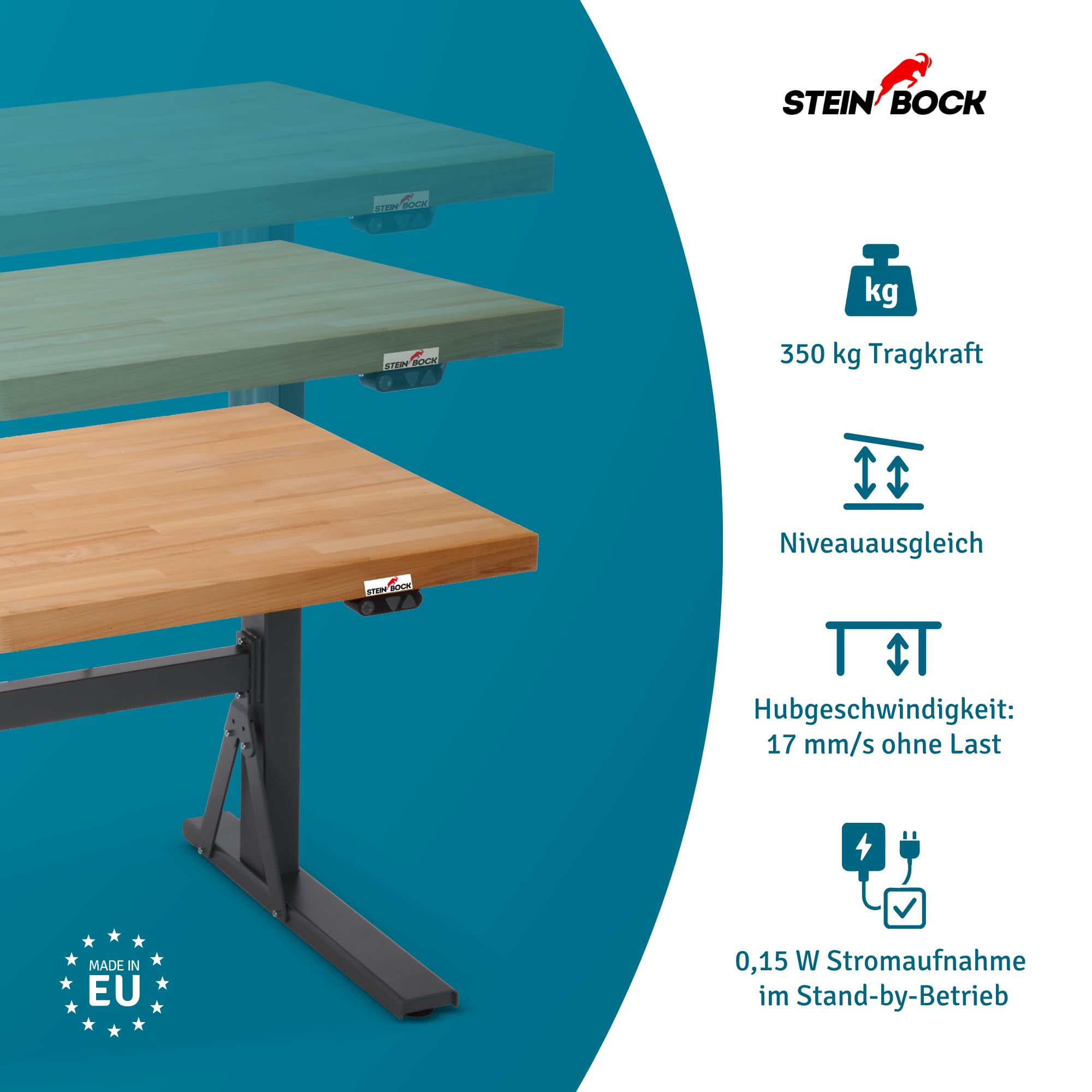 Steinbock elektrisch höhenverstellbare Werkbank e-Adjust | 350 kg Tragkraft | HxBxT 70-117 x 200 x 75 cm | Staubgrau | stabiles Stahlgestell | 5 cm Starke lasierte Holzplatte | Arbeitstisch