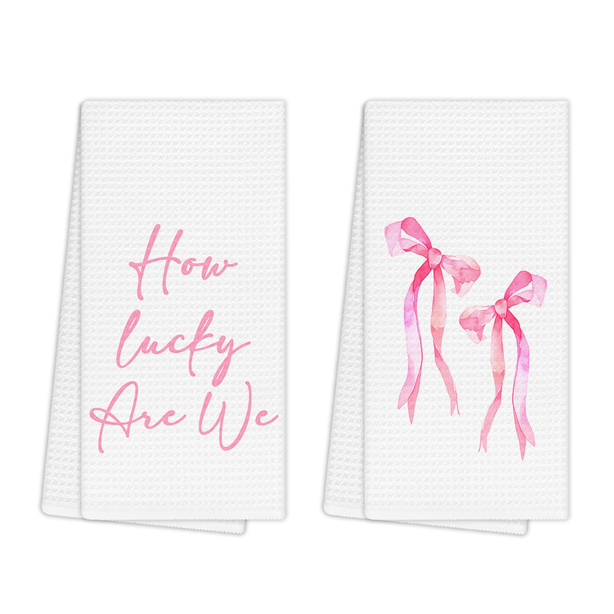 EGBTL Pink Coquette Bow Kitchen Towels Set of 2, Preppy Girly Aesthetic Bow Hand Towels for Bathroom Decor, How Lucky are We Decorative Dishcloths