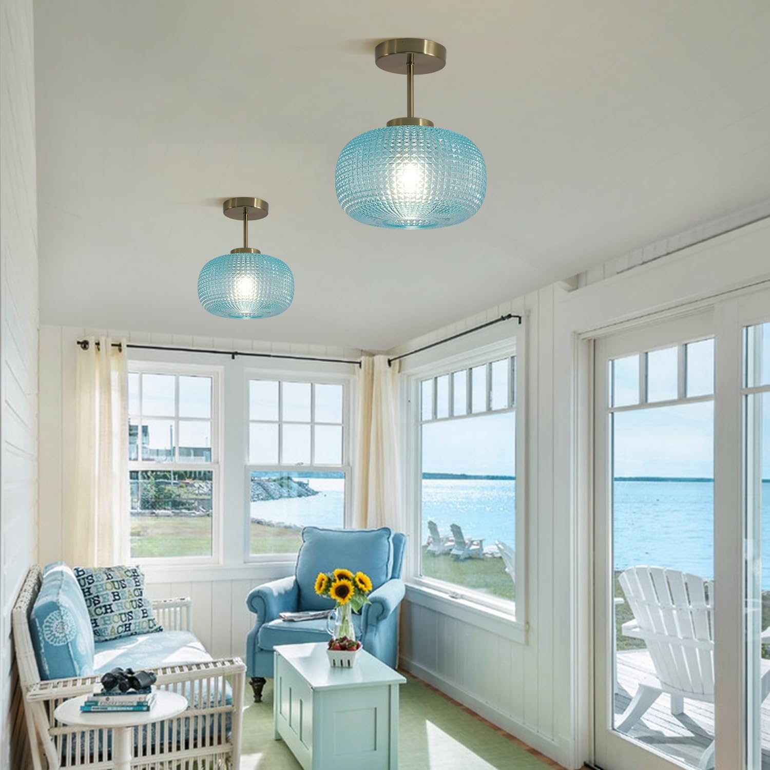 Antique Brass Semi Flush Mount Ceiling Light Blue Glass Flush Ceiling Light Fixture Vintage Brushed Gold Hallway Light Porch Ceiling Light Fixtures Globe Close to Ceiling Light MCL30C