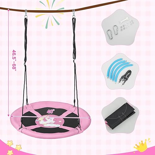 Miniatura 6 de Costzon Columpio de árbol de platillo de 40 pulgadas para niños, columpio de platillo volador con 2 mosquetones, cuerdas ajustables, tela Oxford