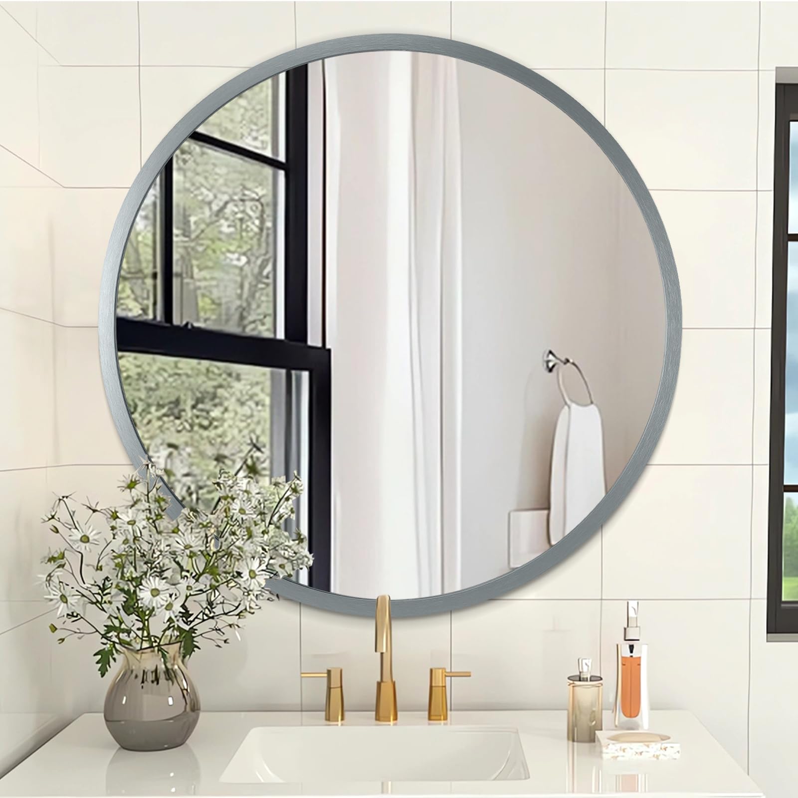 AOAOPQ Bathroom Mirror Wall Mounted Mirror with Round Aluminum Alloy Metal Frame 40 x 40 cm Deep Grey Mirrors for Home Living Room Bathroom Home