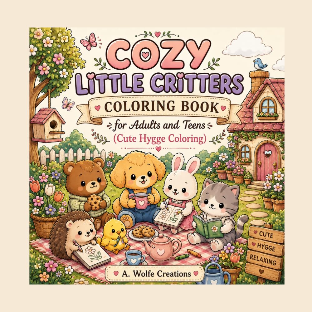 Cozy Little Critters: A Cute Hygge Coloring Book for Adults and Teens with 45 Bold & Easy Animal Scenes and Relaxing Everyday Moments