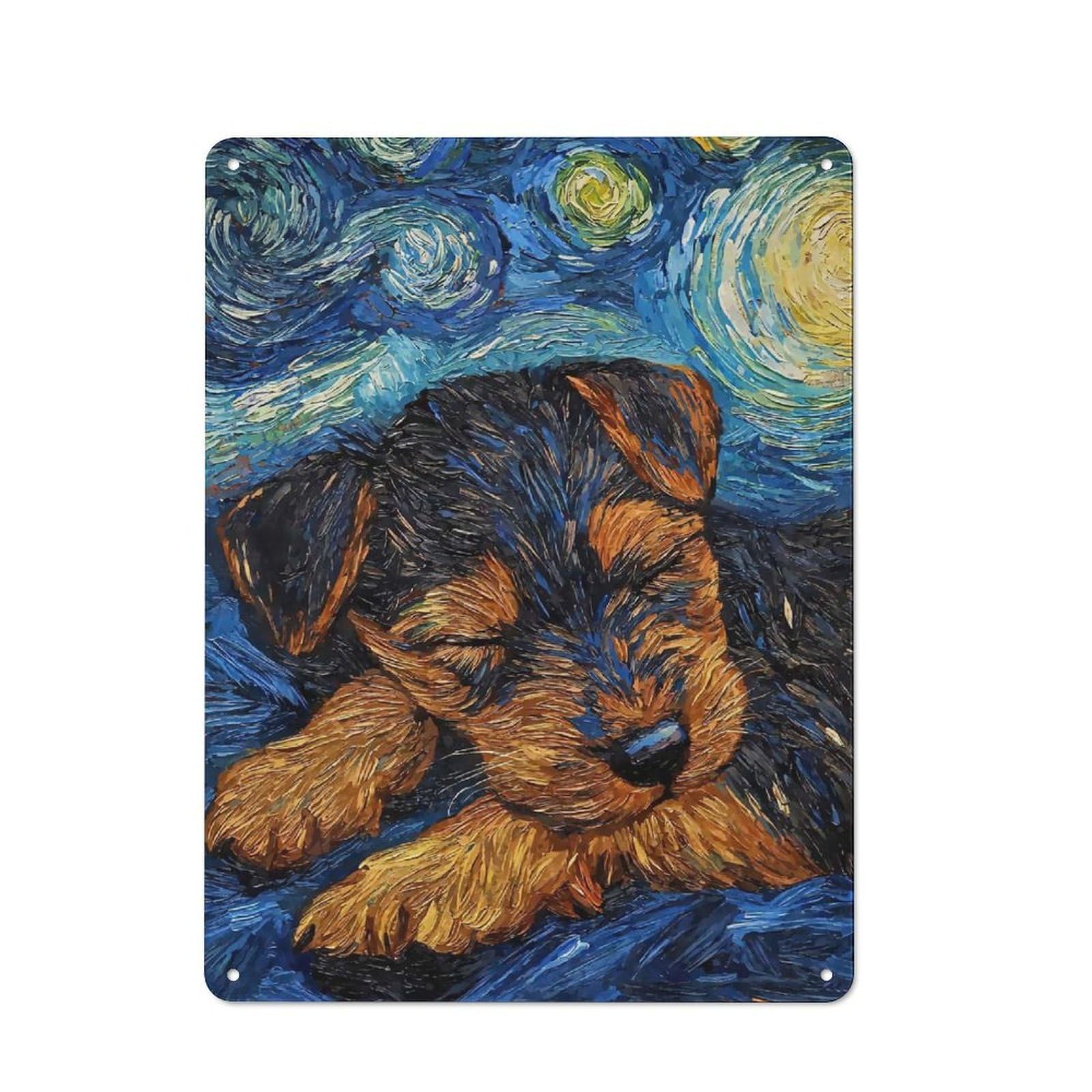Friendly Cafe Metal Sign 40x30cm Featuring Welsh Terrier Puppy Starry Night, Cafe Wall Decor for Tea Room, Shop Wall Or Breakfast Area