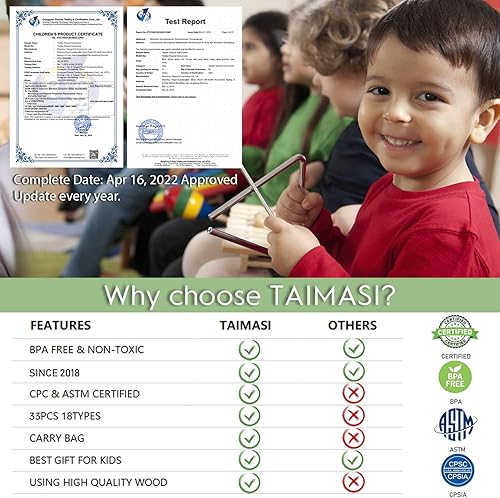 Miniatura 2 de Instrumentos musicales para niños 33 piezas 18 tipos instrumentos de percusión de madera juguetes de xilófono de pandereta para niños y niñas