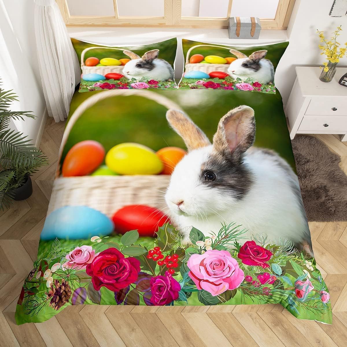 Housse de couette microfibre douce lapin de Pâques 160x200 parure de lit respirante