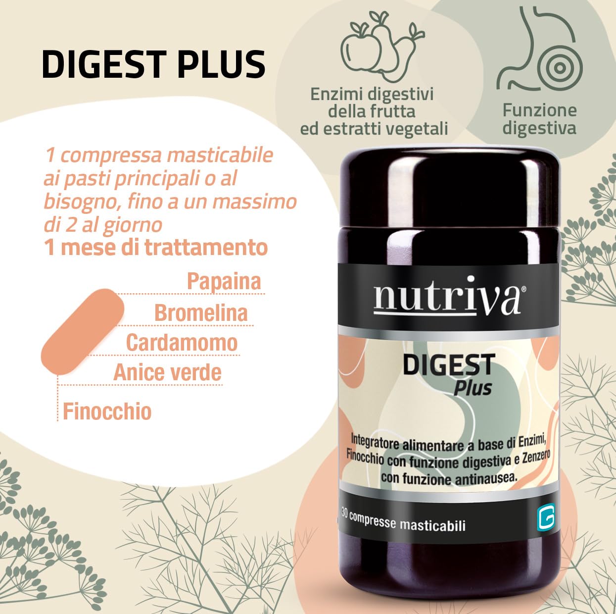 NUTRIVA Digest Plus, Integratore Alimentare con Enzimi, Finocchio con Funzione Digestiva e Zenzero con Funzione Antinausea, 30 Compresse Masticabili (1 Mese), Vegan