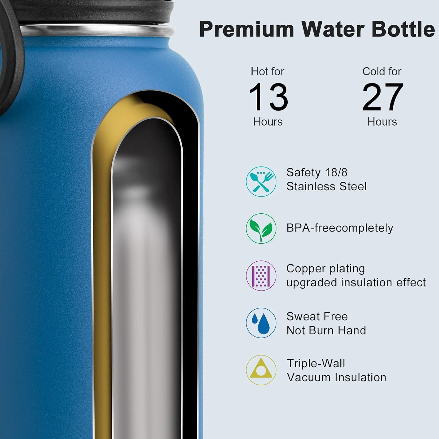 koodee Insulated Water Bottle, 22 oz Stainless Steel Double Wall Vacuum Wide Mouth Sport Bottle with Leakproof Spout Lid (Navy) - Image 4