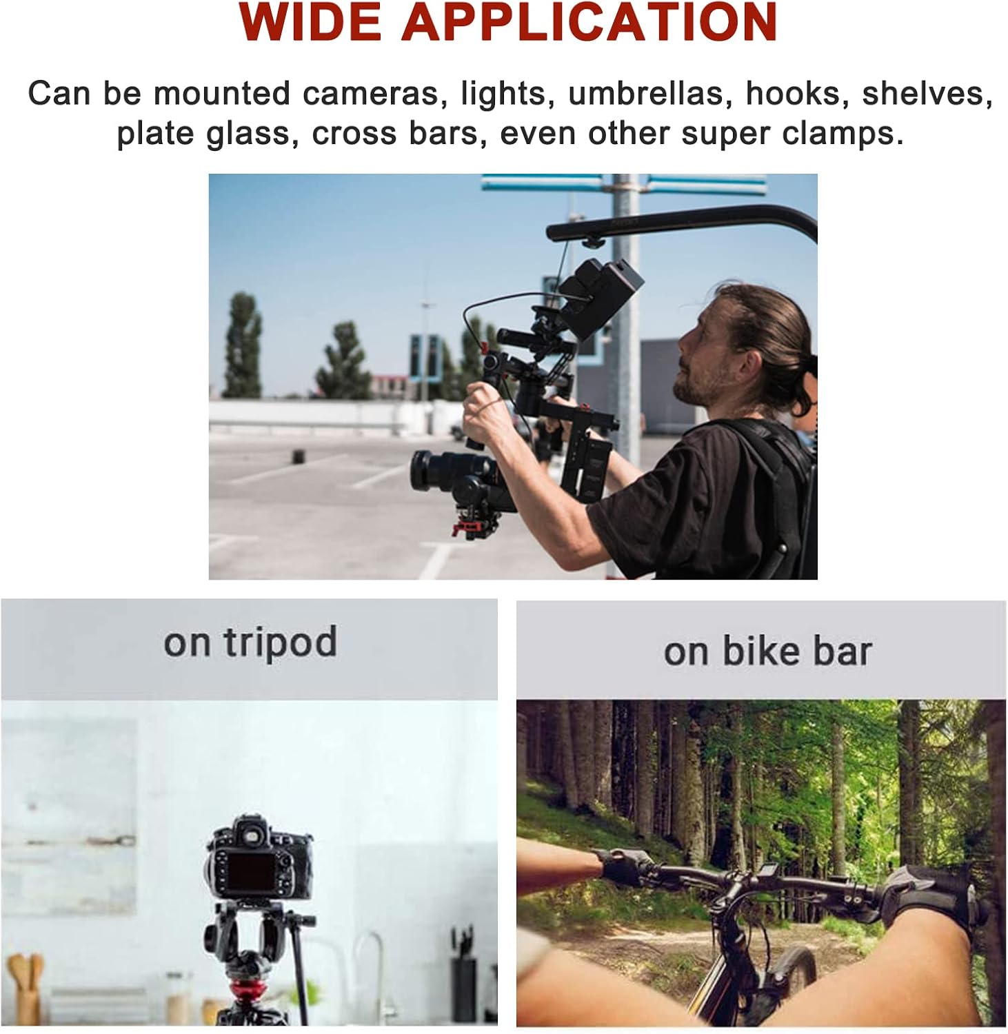 Camera Mount Clamp with Double Ball Head Adapter - 2 Pack. Compatible with LED Lights, Gopro, Insta360, DJI Action, Ronin-M, Ronin MX. 360° Ballhead and 1/4’’ + 3/8’’ Thread Hole.