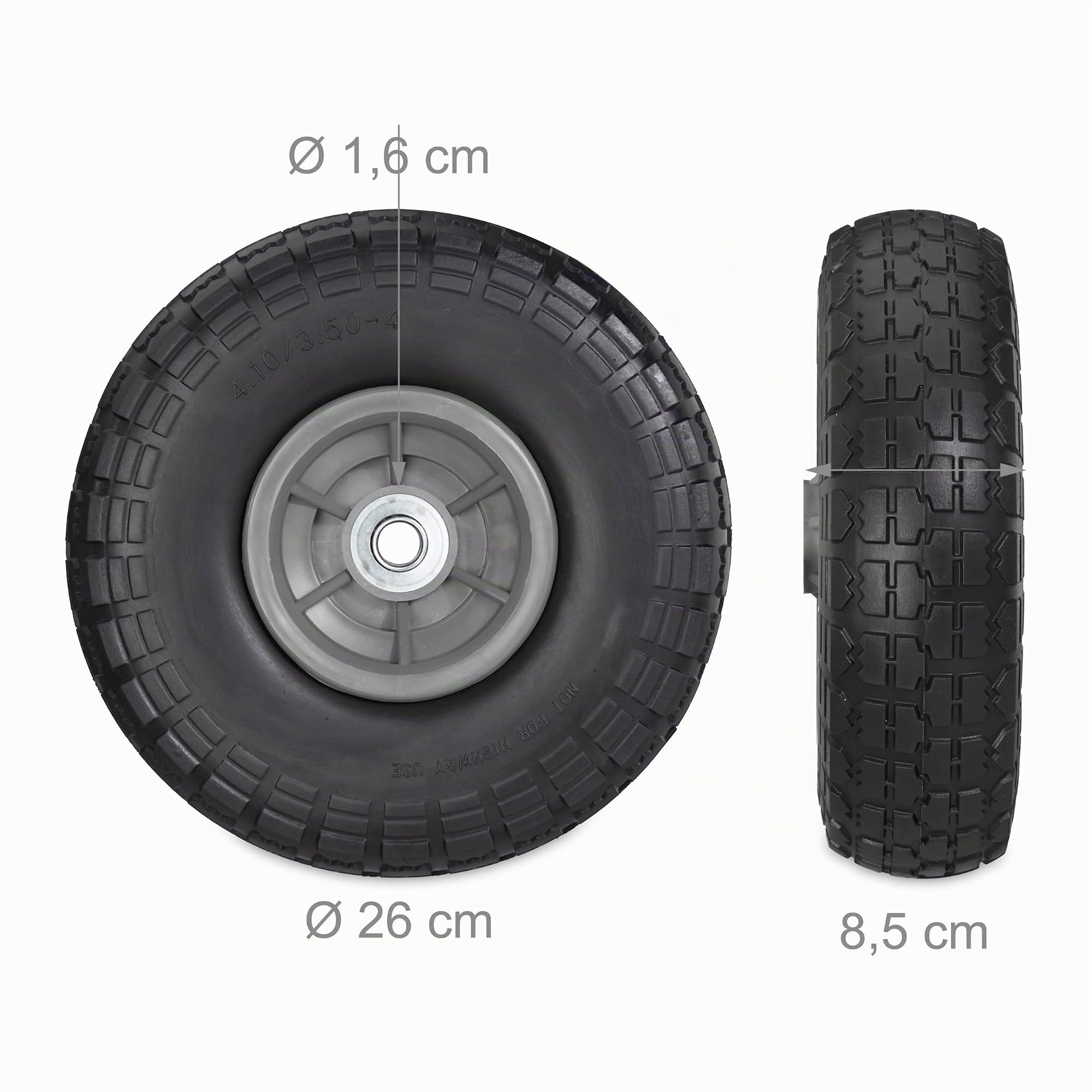 Relaxdays 2X Ruote per Carrello, Pneumatici in Gomma Antipanne 4.1/3.5-4" ASSE 16mm, Fino a 150 kg,260x85mm, Nero Grigio