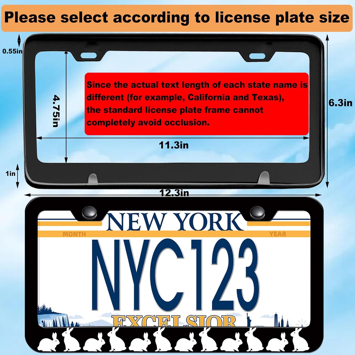 2-Pack White Bunny License Plate Frame, Black White 2-Hole image 2