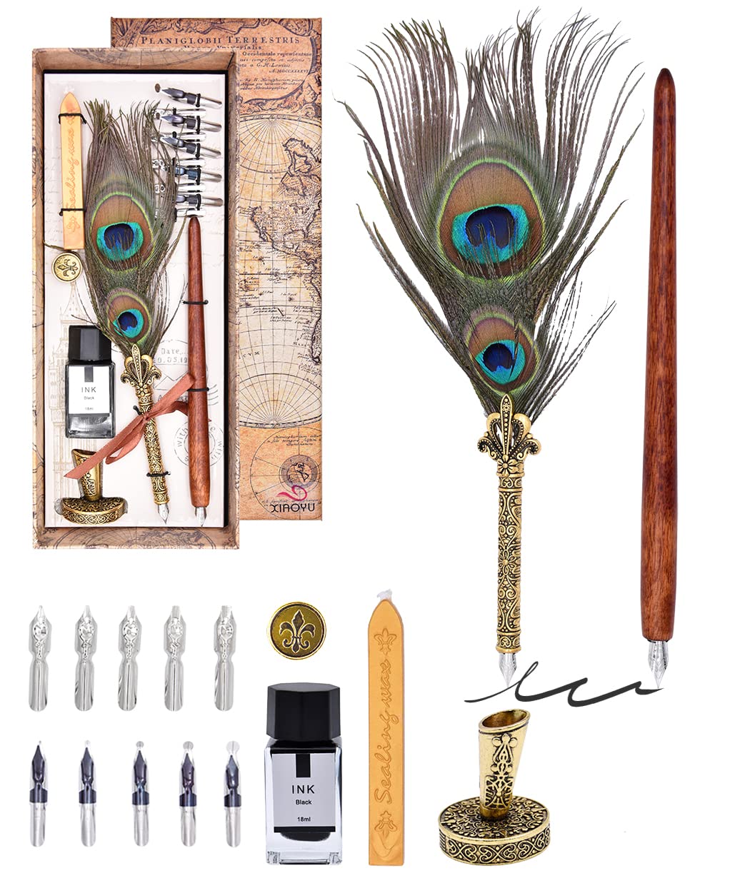 XIAOYU Retro Feather Pen, Peacock Quill Pen Ink Set Calligraphy Dip Pen with Ink, 10 Replacement Nibs, Pen Stand Base, Suitable for Calligraphy Lovers