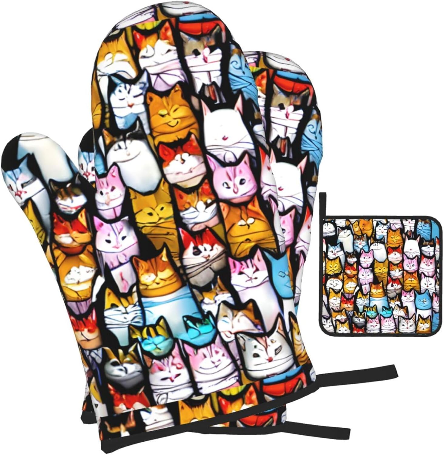 many cartoon cats Kitchen baking three piece set/oven gloves, fit for cooking, baking, steaming, and grilling