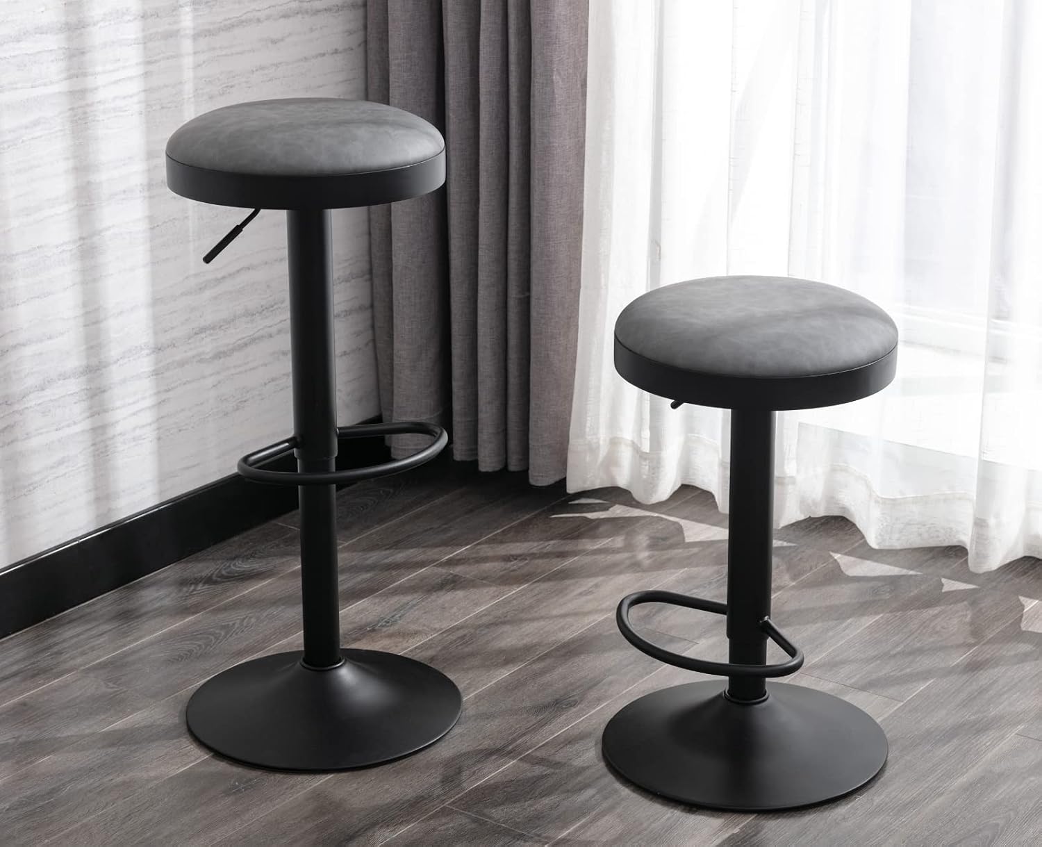 EALSON Modern Swivel Bar Stools Set of 2 Adjustable Counter Height Backless Barstools with Metal Base Leather Upholstered Round Bar Stool Chairs for Kitchen Island/Pub/Breakfast Bar, Grey