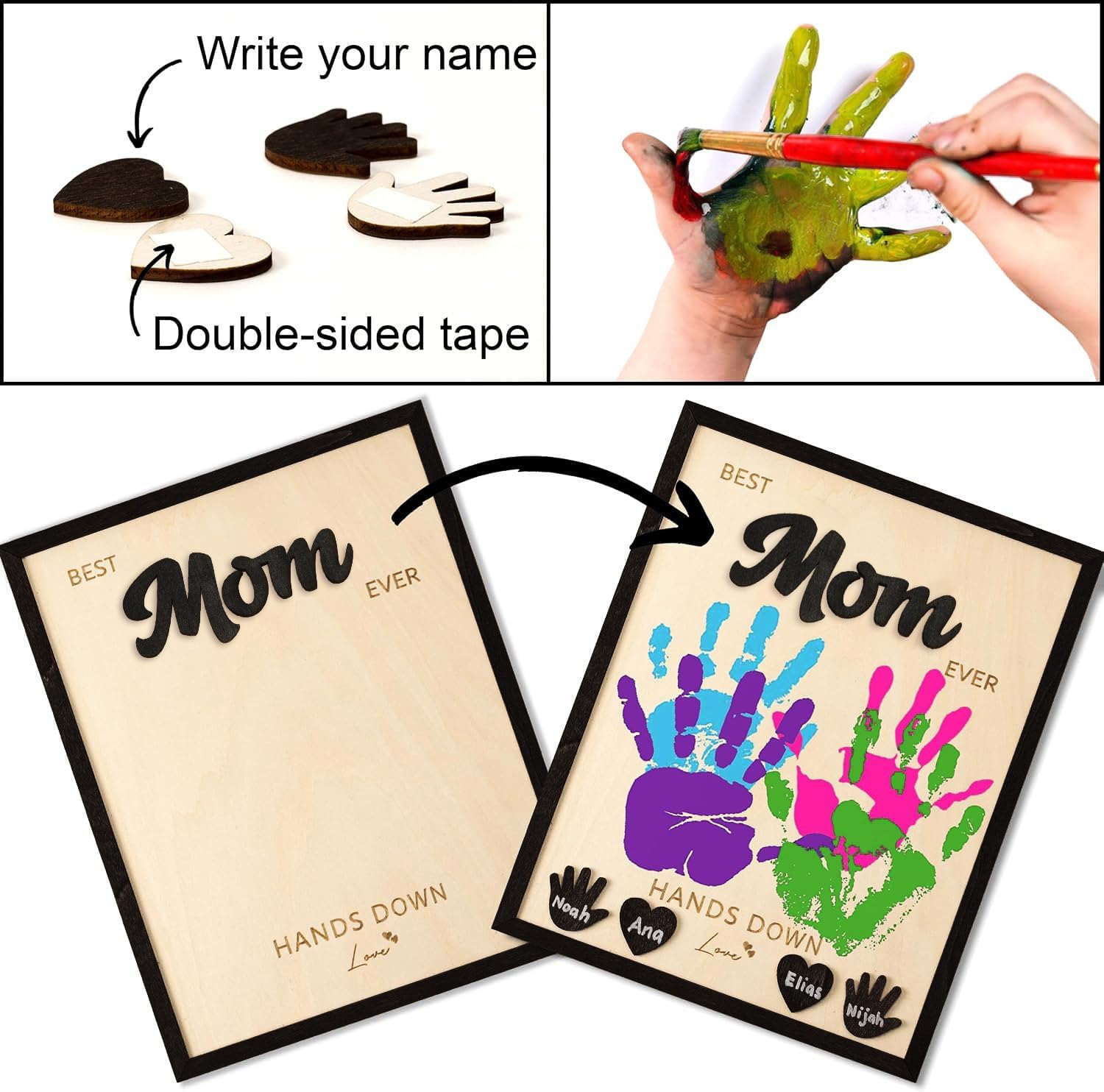 Mothers Day Gift DIY Handprint Frame, Best Mom Ever Gifts from Kids, Daughter, Son, Personalized Gifts for New Mom, Grandma, Wooden Hands Down Sign Decoration with Name Tags, Birthday Gift for Mom image 3