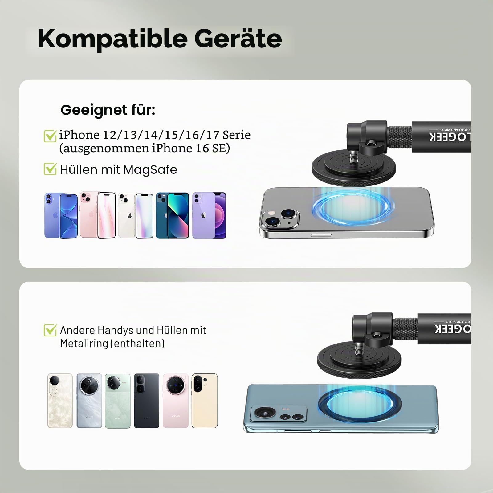 Einbeinstativ und Stativ Selfie-Stick zum Aufnehmen von Golf-Schwungtrainingshilfen mit Bodenspitzeinsatz & Adapter für Gopro & 1/4"-Schraube, Magnetischer Golf-Handyhalter kompatibel mit iPhone