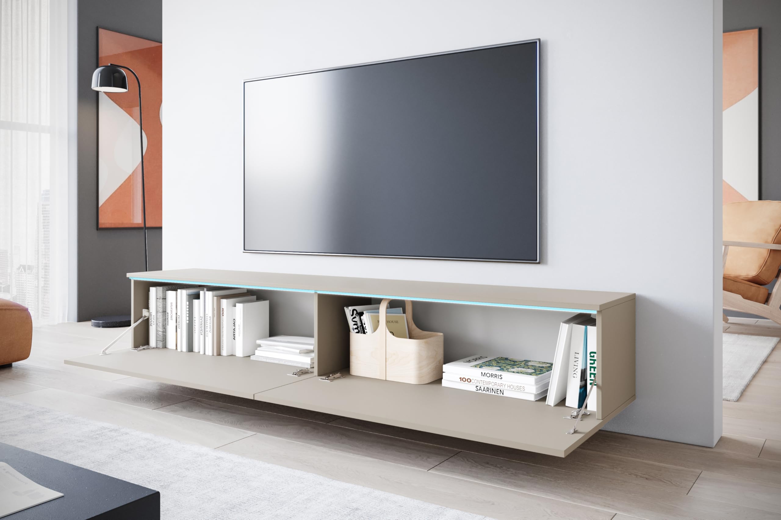 MINIO go for it - Meuble TV Donna Largeur 180 cm Lowboard sans LED | Debout ou suspendu, meuble TV pour le salon, panneau stratifié, couleur : beige cachemire
