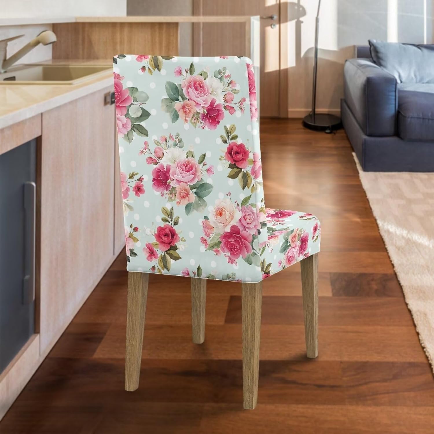Rose Print Dining Room Chair Cover Washable Seat Parson Chair Slipcover Anti-Dust Chair Protectors Covers for Kitchen, Hotel, Restaurant-6 Pcs