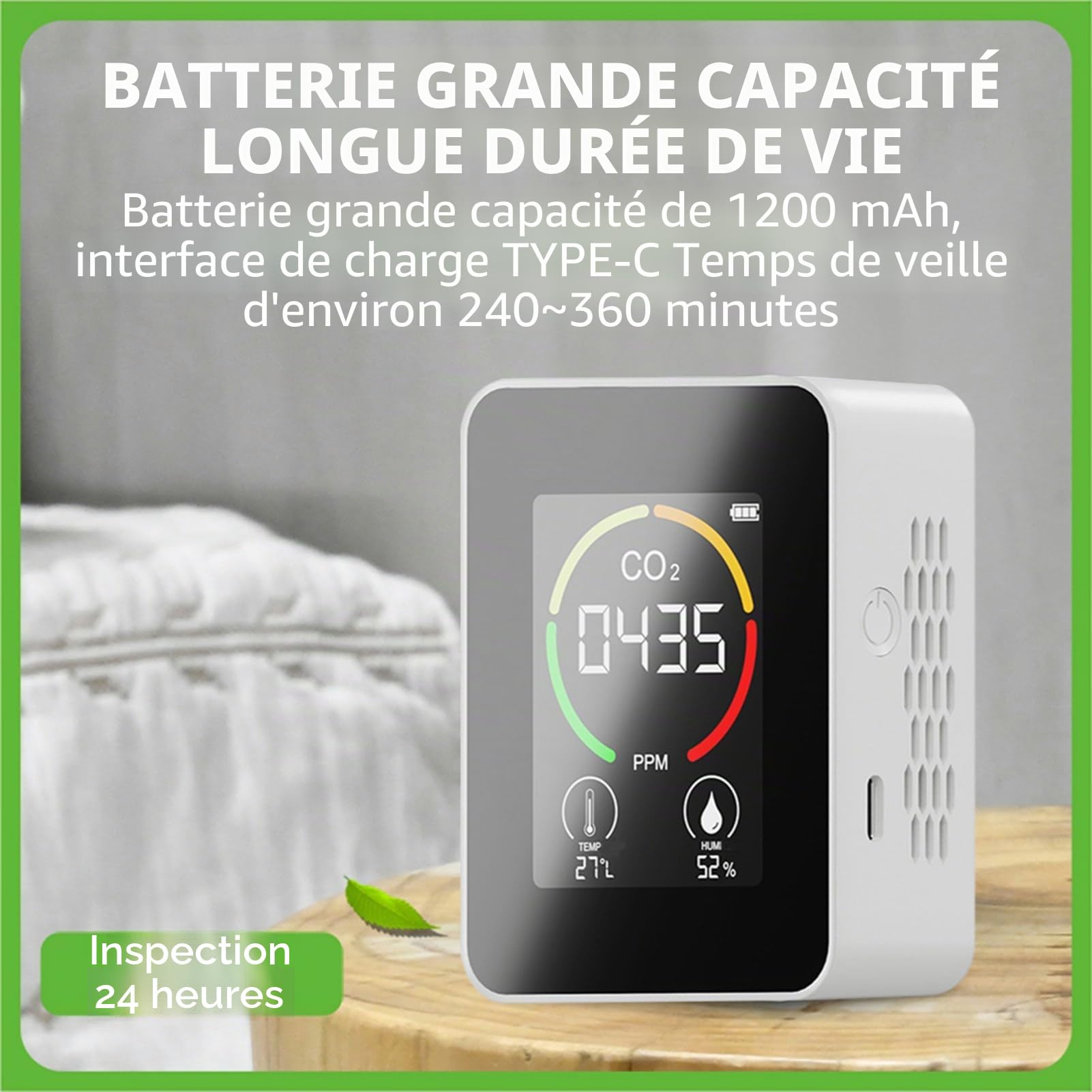 Moniteur de qualité de l'air – Détecteur de radon à grand écran LCD pour une utilisation en intérieur avec système intuitif à code couleur – Idéal pour les serres, la production agricole et les