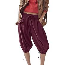 TERIVEEK Womens Wide Leg Pants Summer Baggy Harem Pants Palazzo Casual Loose Drawstring Waist Balloon Capri with Pockets