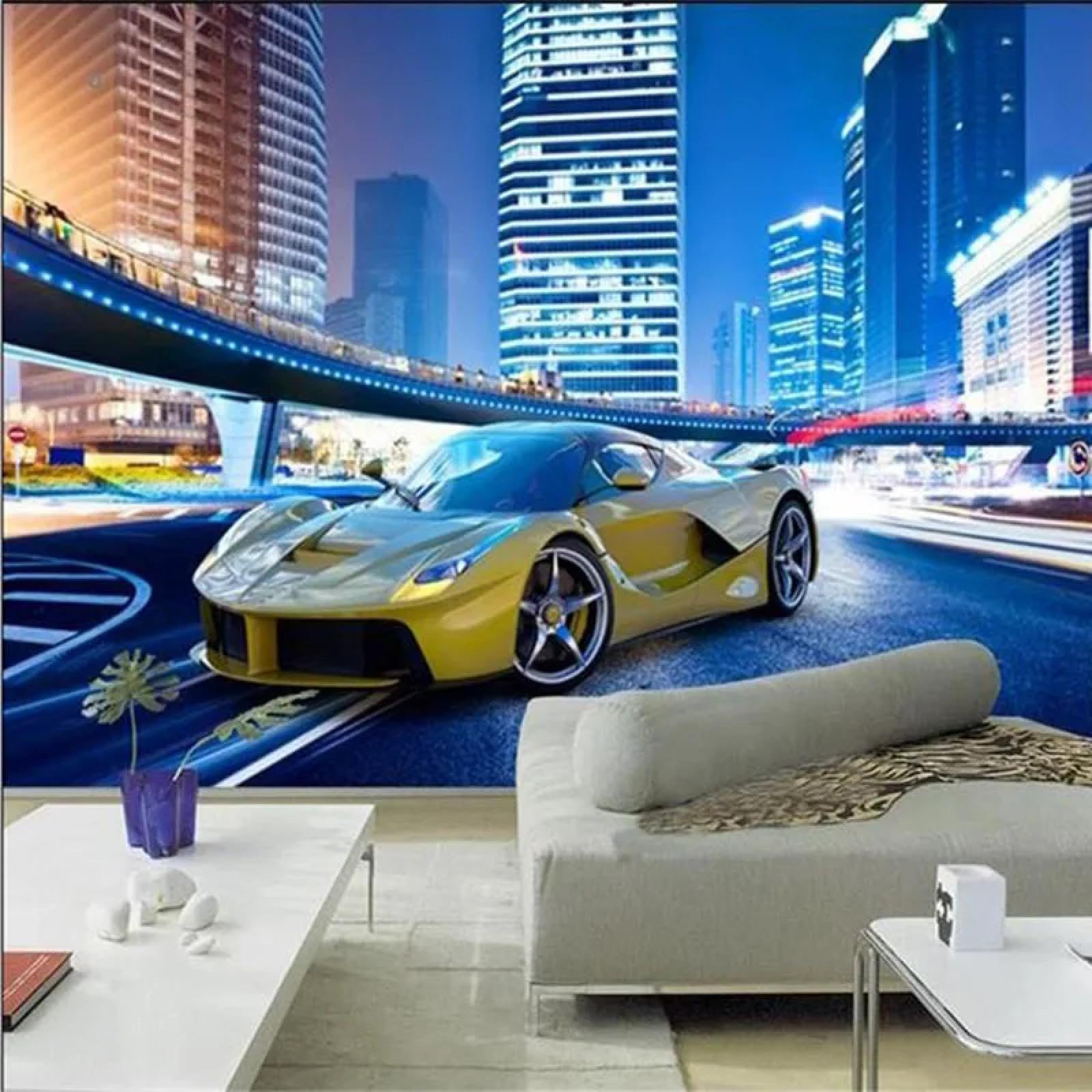 Photo murale 3D voiture jaune ville nuit pour décoration fond mural bar KTV