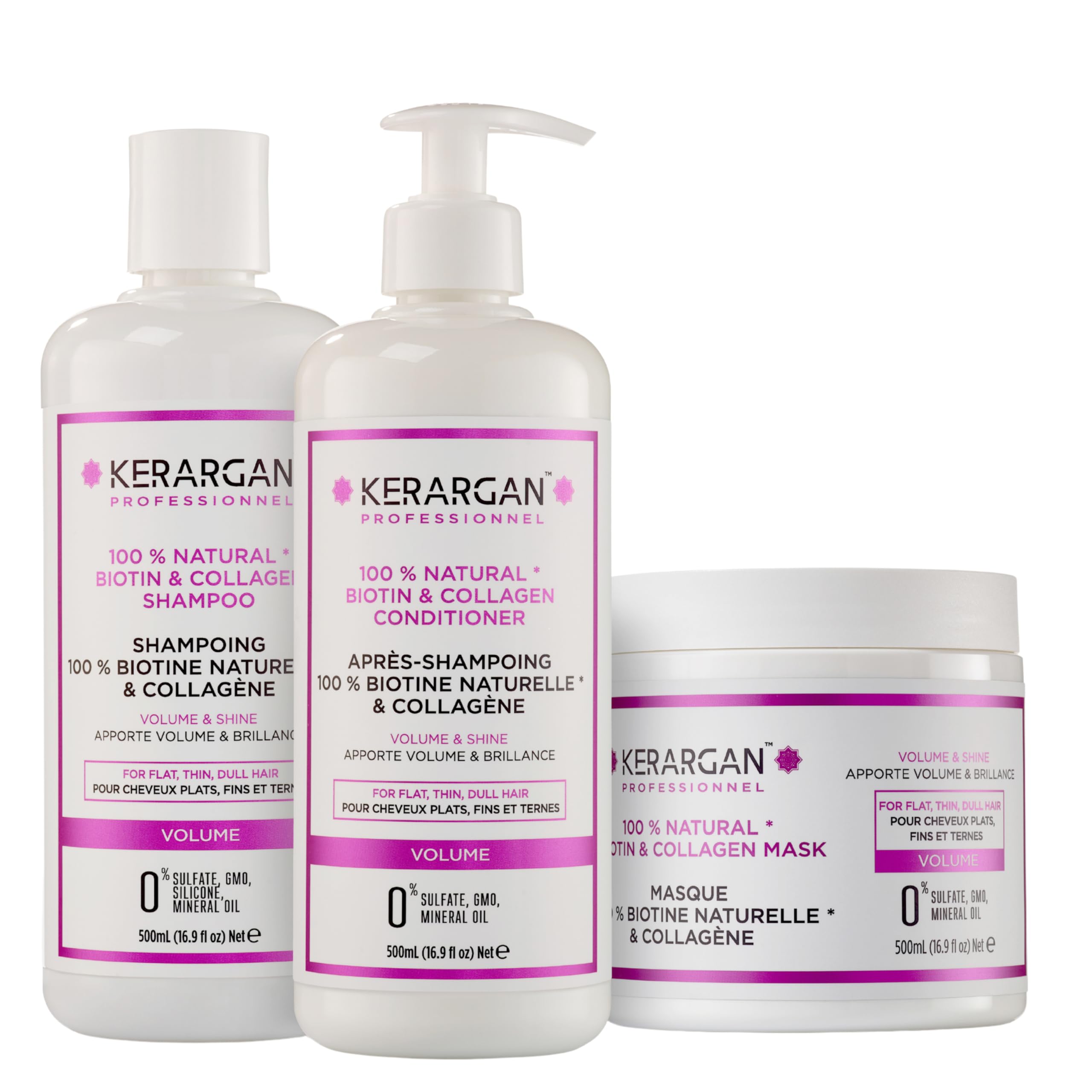 Kerargan - Trio Volumen Shampoo, Conditioner & Maske mit Biotin & Kollagen - für flaches, dünnes und mattes Haar - Ohne Sulfate, GVO, Silikon, Mineralöl - 3x500ml+1x100ml