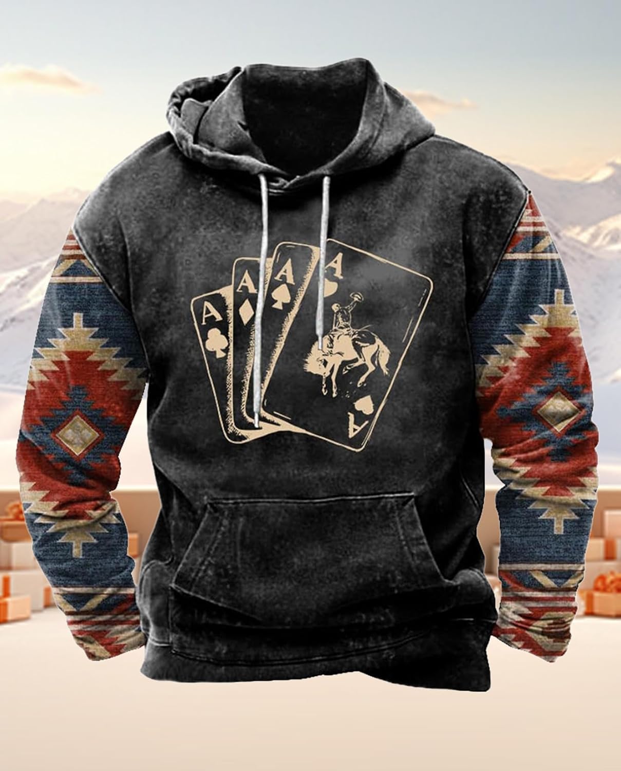 Western Hoodie for Men Aztec Cowboy Printed Drawstring Pullover Hooded Sweatshirt Mens Comfy Fleece Sweatshirt - Image 3