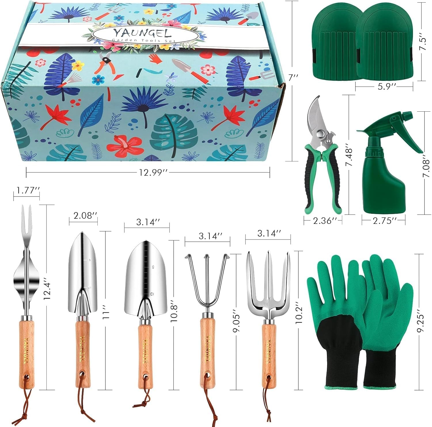 YAUNGEL Juego de Herramientas de jardinería, 10 Piezas de Acero Inoxidable de Uso Pesado con Mango de Madera Antideslizante - Regalos para Mujeres y Hombres, Verde