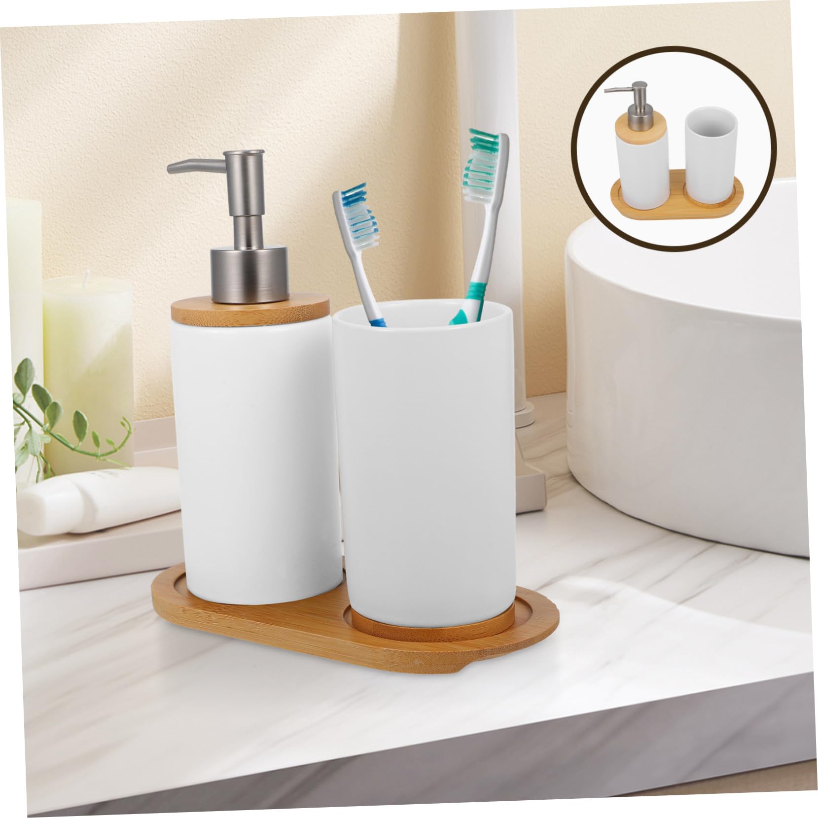 Garneck Conjunto de Accesorios de Baño en Cerámica de Color Claro Dispensador Manual de Loción y Vaso para Cepillo de Dientes, Diseño Sencillo y Práctico para Baño Familiar