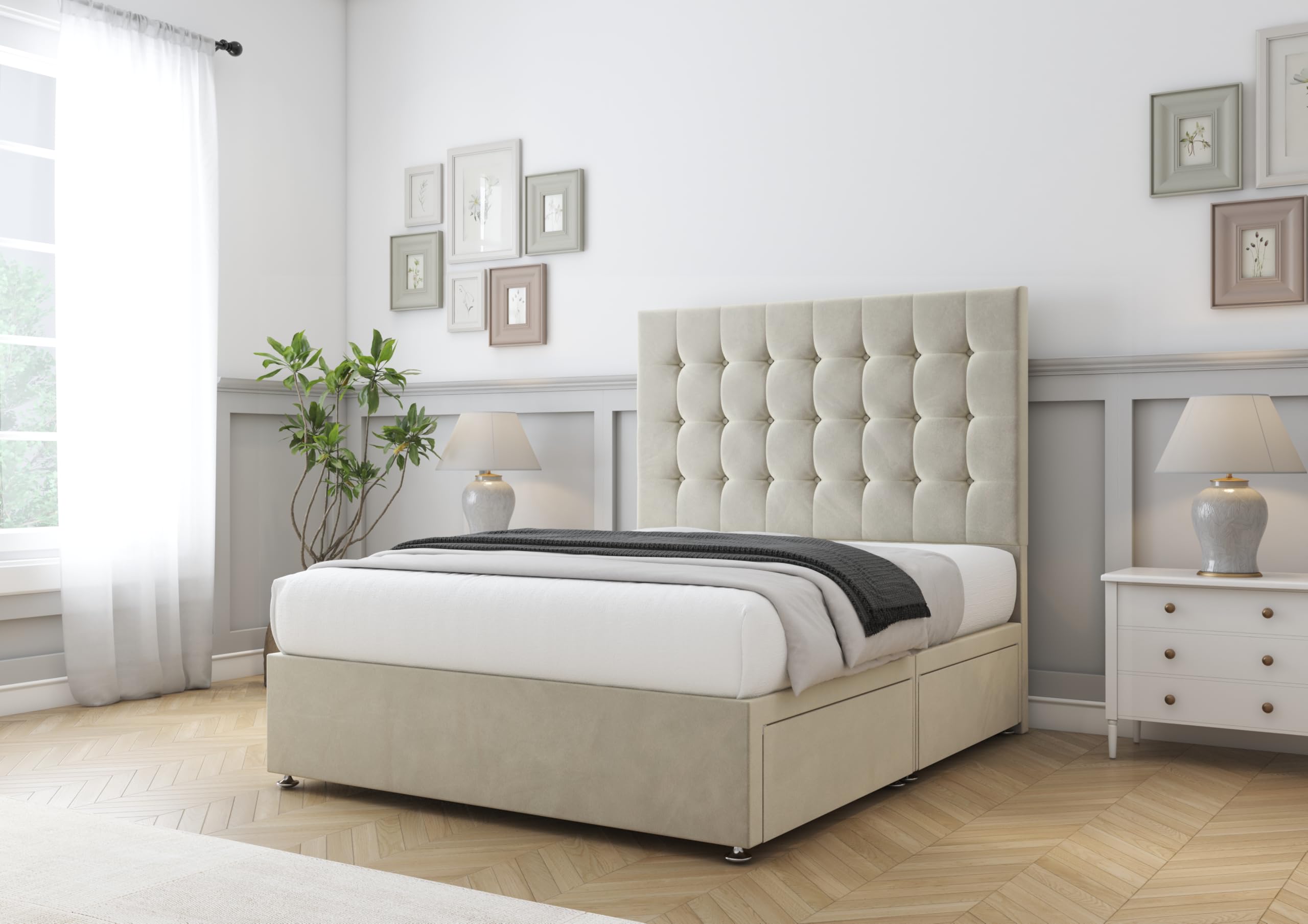 Comfort Beds Savanah Divan Base with No Drawers and Matching 26 inches Headboard without Mattress (Plush Cream, 4FT Small Double)