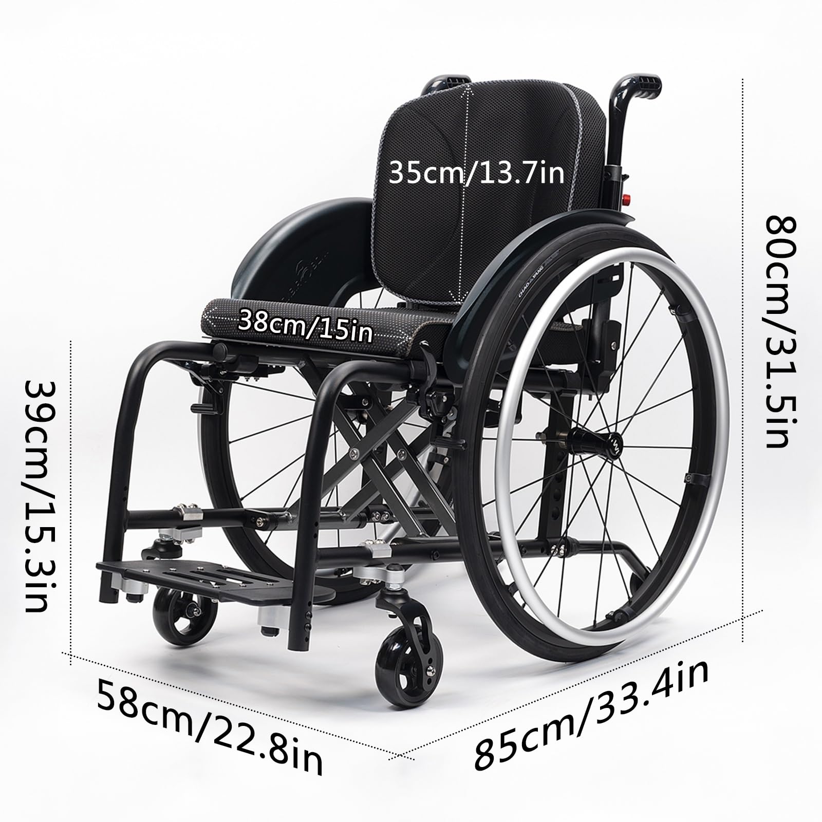 Silla de ruedas manual ligera, silla de ruedas deportiva ultraligera portátil todo terreno, silla de ruedas plegable, sillas de ruedas de transporte con antivuelco(Black B,38cm/15in)