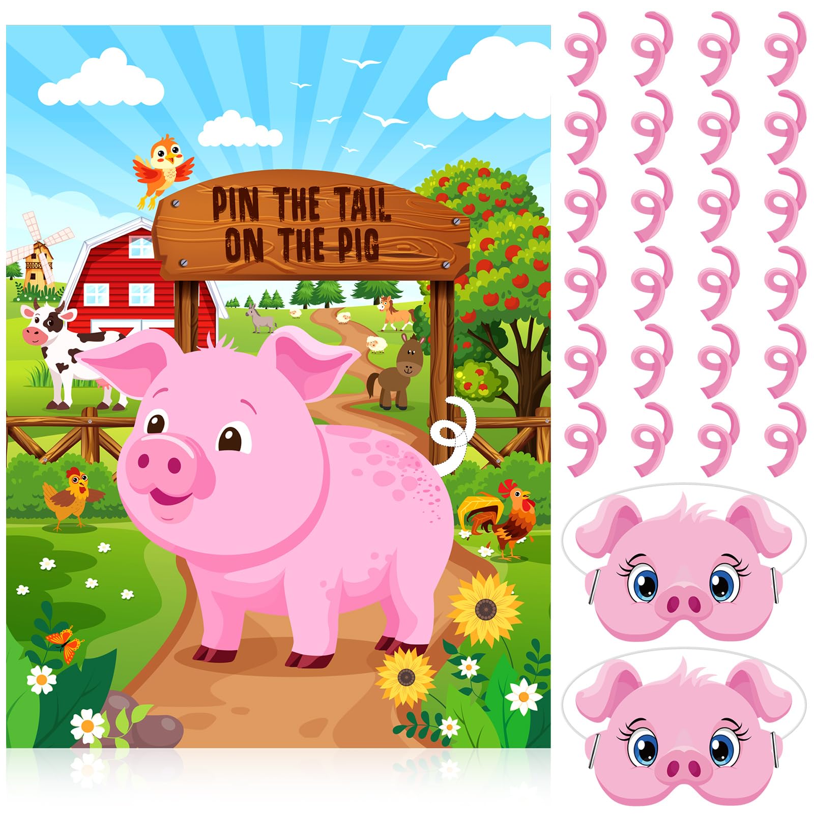 Faccito Farm Animal Games Pin The Tail on The Animals Barnyard Birthday Party Decorations Farm Poster Games with 24 Stickers 2 Eye Masks for Family Activities Birthday Party Decor Supplies(Pig)