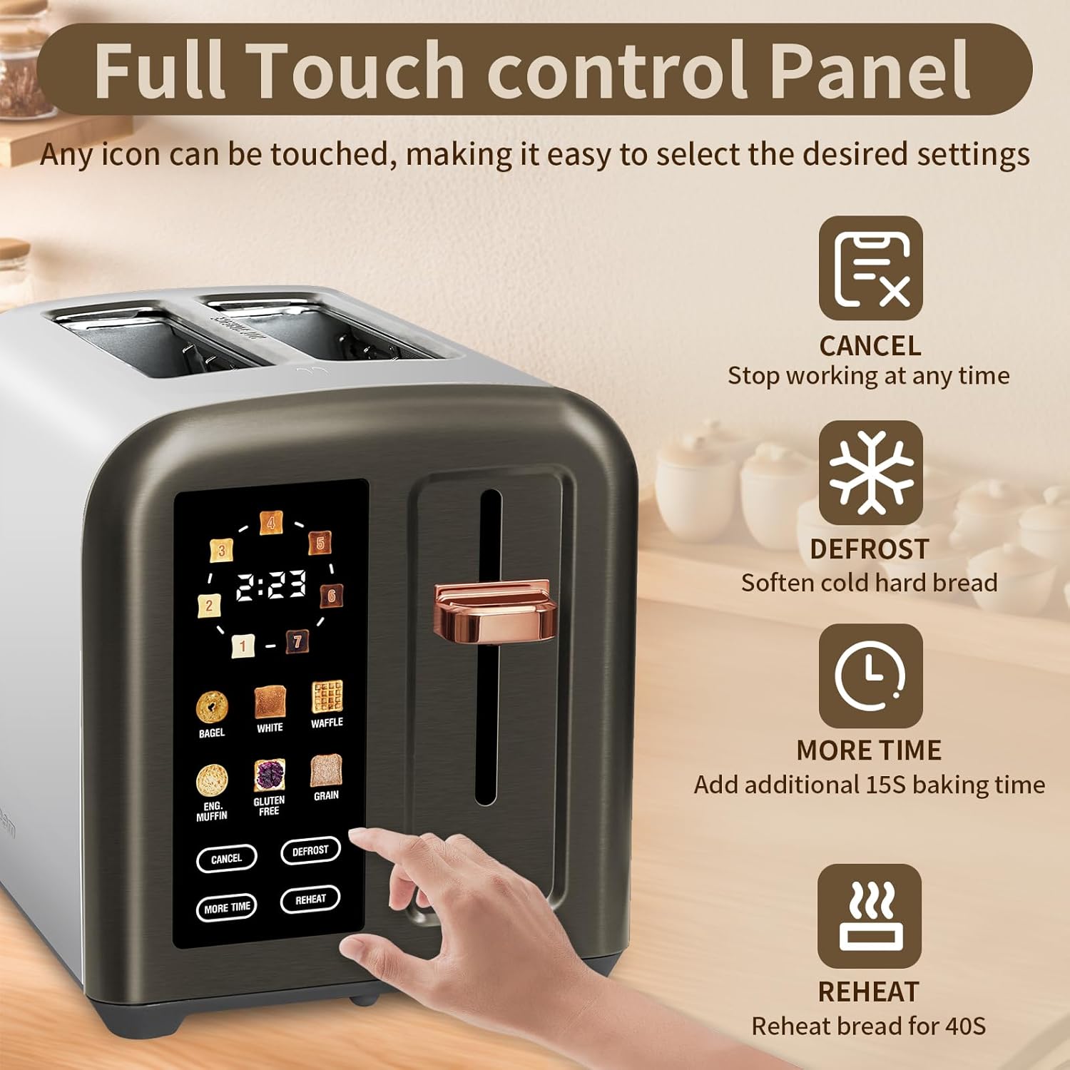 SEEDEEM Toaster 2 Slice, Full Touch Control Stainless Toaster, LCD Display, 50% Faster Heating Speed, 6 Bread Type, 7 Shade Setting, 1.5''Wide Slots, Removable Crumb Tray, 1350W, Dark Metallic
