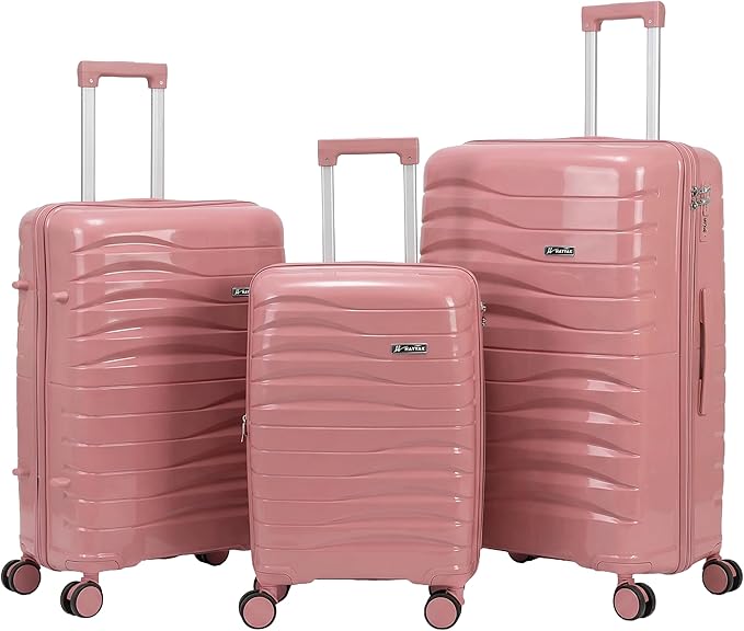 3-Piece PP Hard Shell Luggage Set – 20/24/28 Inch Lightweight Suitcase Trolley with Spinner Wheels & Secure Lock, Cabin and Checked-In Travel Bags (Pink)