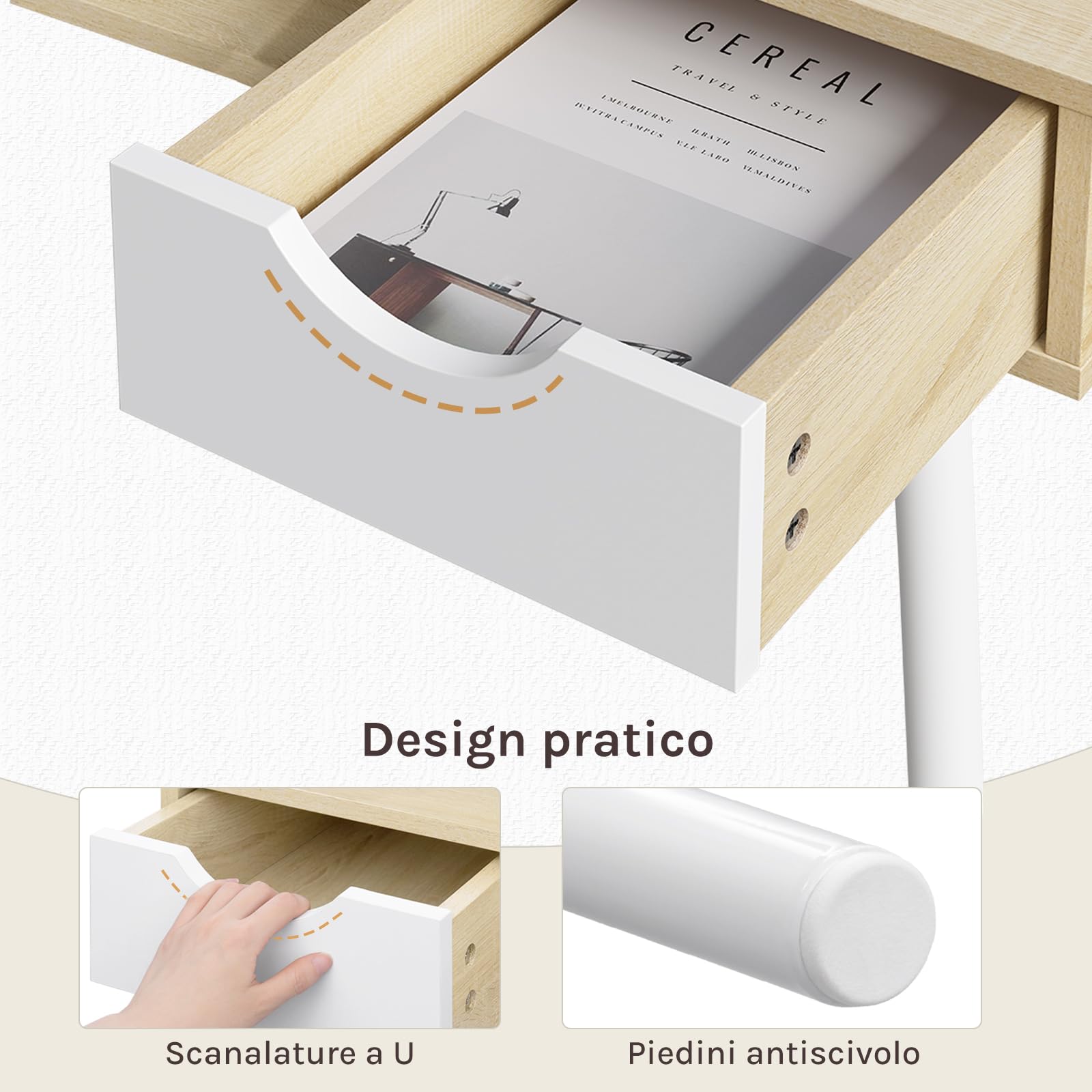 WOLTU Scrivania Bianca, Tavolo Quercia PC | con 2 Cassetti e Ripiano, 120x58x75 cm, per Soggiorno, Telaio Metallo