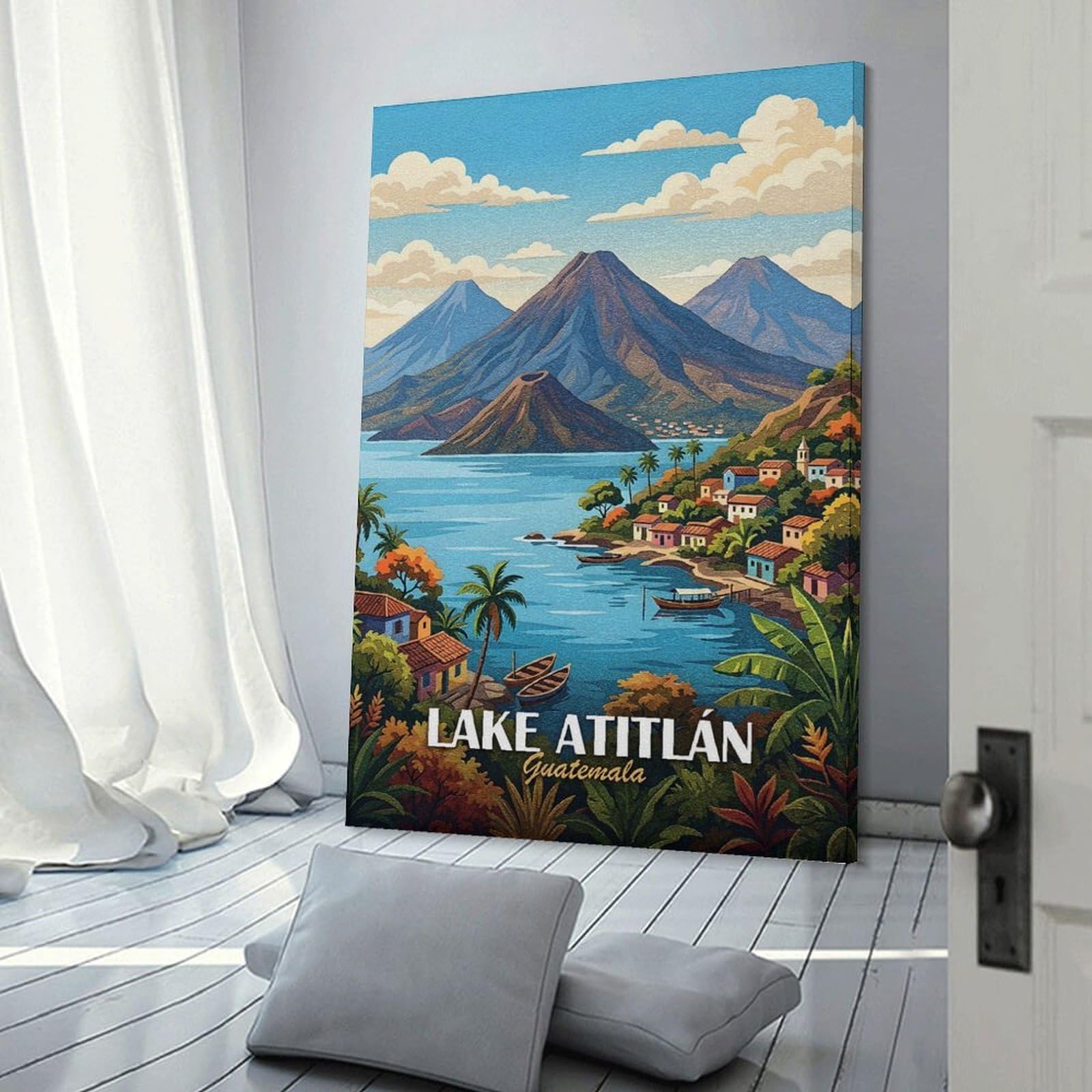 Junmoney Frame-Style-9 Lake Atitlán, Guatemala Travel Canvas Wall Decor, 12X18inch(30X45cm), For Lounge Decor, Bedroom Walls Or Flats, Eye Catching Artwork For Blank Walls