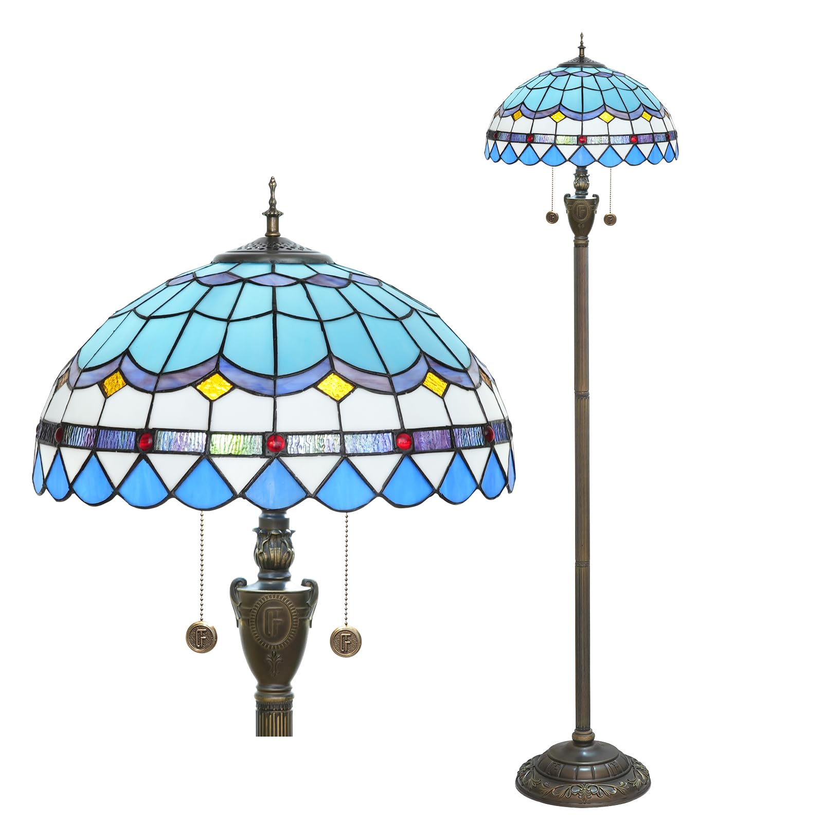 Tiffany Floor Lamp Blue Mediterranean Style Stained Glass Floor Light Bright Lighting Rustic Standing Lamp Vintage Unique Bronze Reading Corner Lamp for Home Decor Living Room Bedroom 16X16X64 Inches
