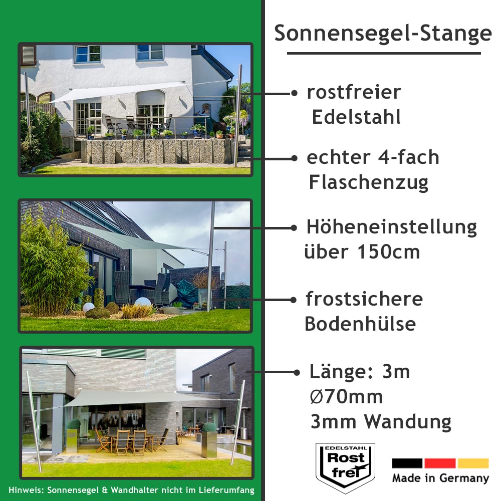 Sonnensegel Pfosten höhenverstellbar 3m, aus V2A Edelstahl inkl. Zubehör - 4-Fach Flaschenzug-Set & 0,75m Bodenhülse | Befestigung für sehr große Segel (70/3mm)