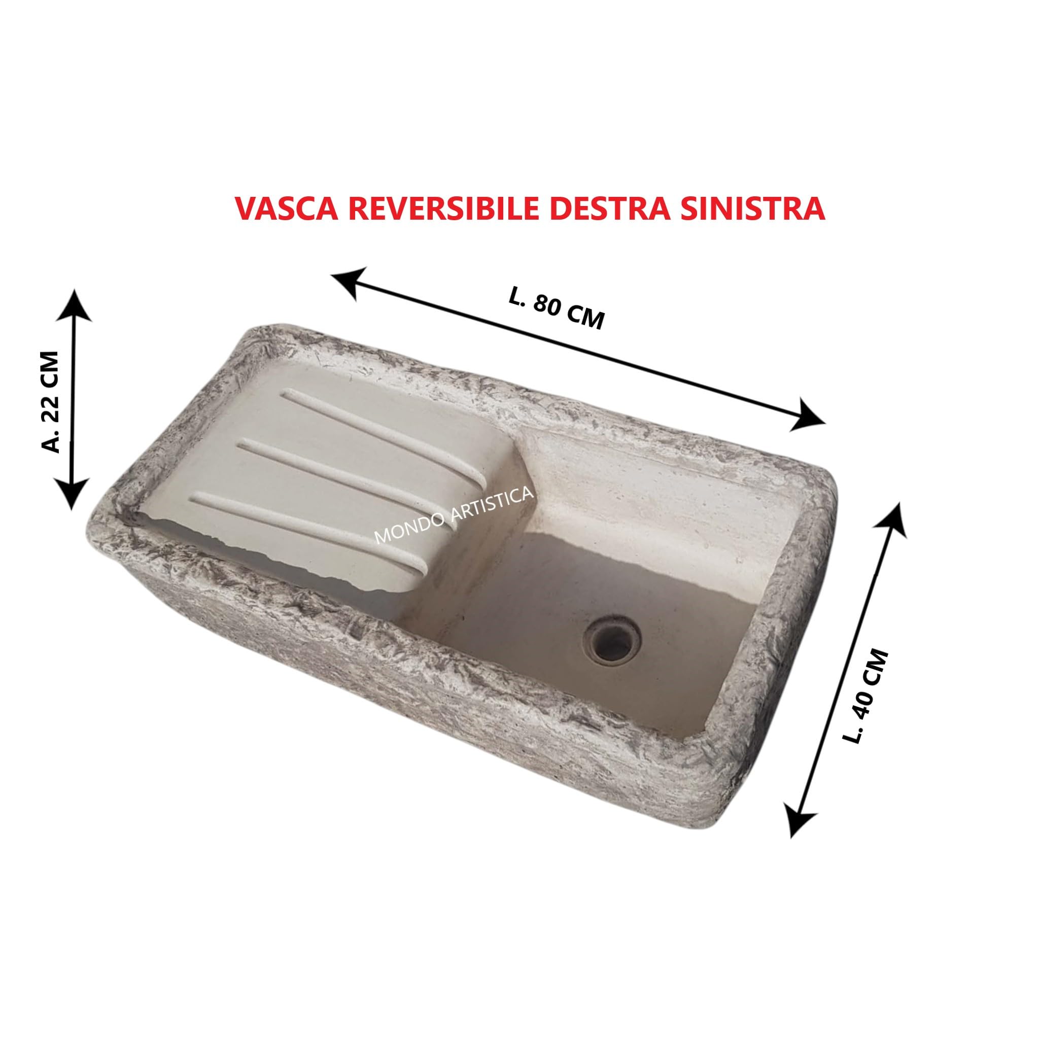 Lavandino Da Esterno, Lavabo Per Giardino, Pilozzo Con Vasca E Gocciolatoio, Fontana Altezza 22 cm, Larghezza 80x40 Cm, In Cemento Bianco E Polvere Di Marmo, Colore Sfumato Grigio, Mondo artistica